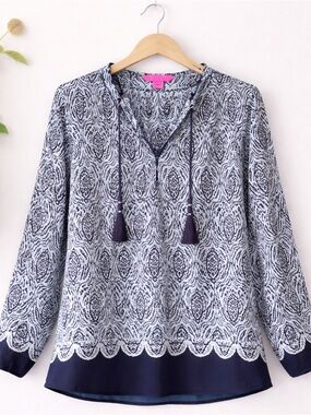 Navy and White Printed Tassel V-Neck Blouse